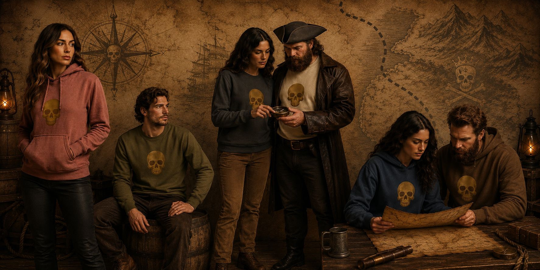 The Pirate Skull crew gathered before a weathered treasure map